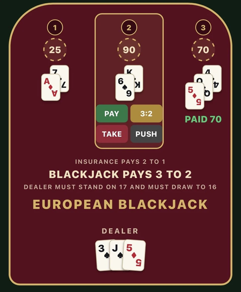 Blackjack payment exercise showing player hands and payment choices