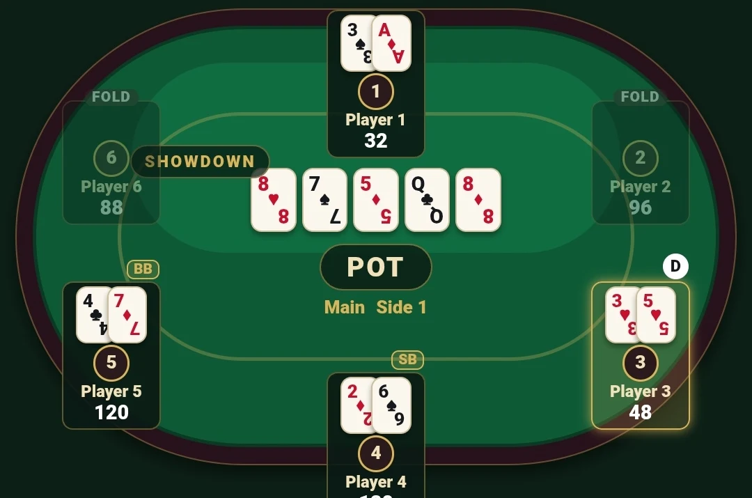 Ready to Deal Dealer Procedure Simulator at showdown: a six-seat Texas Hold’em table with dealer button and blind markers, two folded seats, remaining stacks, and a pot split into a main pot and side pot one.